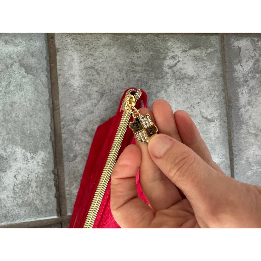 Juicy Couture Red Velour Cosmetic Bag Pouch Sparkle‎ Zipper Charm